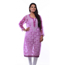 Ada Hand Embroidered Large Purple Faux Georgette Lucknow Chikankari Long Kurti